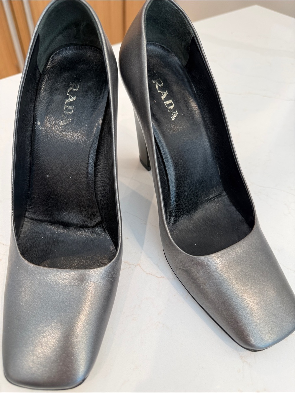Prada Silver Leather Square-Toe Pumps